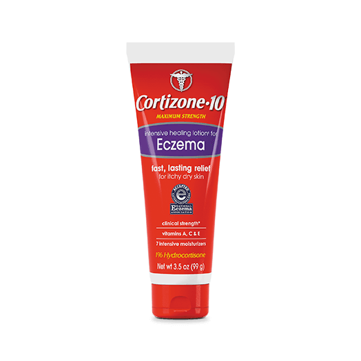 Front of Cortizone-10® Intensive Healing Lotion for Eczema, Maximum Strength 1% Hydrocortisone With Vitamins A, C & E tube